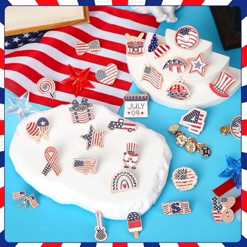 Image of SANNIX 60Pcs Patriotic Pins, 4th of July Lapel Pins Red White Blue Brooches Pin American Flag Pin Badge for Clothes Backpack Hats Accessories, 30 Styles