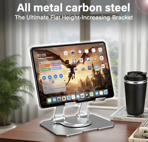 Image of Aluminium Tablet Stand Holder with 360 Rotating Base & Multi-Angle Adjustment, Universal Desk Tablet Dock for iPad Pro /Air /Mini, Samsung Galaxy Tab & All Tablets (Silver)