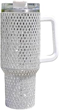 40 Oz Rhinestone Stainless Steel Tumbler With Handle & Straw Vacuum Insulated Bling Cup Made Premium Rhinestones, Metal Travel Coffee Mug, Bling Reusable Water Bottle -White
