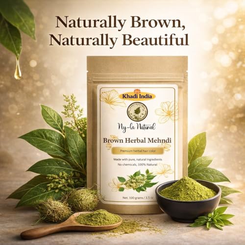 Image of Khadi Nyoli Natural Brown Herbal Mehndi Powder for Hair 100gm | Enriched with Amla,Shikakai,Bhringraj & Fenugreek powder| 100% Natural Ayurvedic Henna for Grey Hair Coverage | Chemical-Free & Ammonia-Free Hair Color | Long-Lasting Natural Black Hair Dye for Men & Women