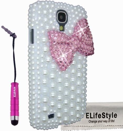 Elifestyle New 3D Bling Bowknot Bow Decorate full Pearls Rhinestone Case Cover Hard White for Samsung Galaxy S4 S IV i9500 (Colour: Black, Red,Hot Pink ,Pink, Purple, Turquoise) (Pink)