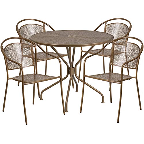 Flash Furniture Commercial Grade 35.25" Round Gold Indoor-Outdoor Steel Patio Table Set With 4 Round Back Chairs #TOP2