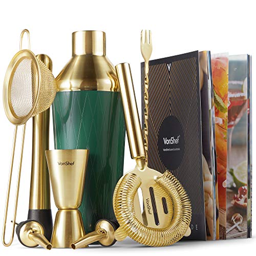 VonShef Green & Gold Cocktail Shaker Set in Gift Box with 16oz Shaker, Muddler, Bar Spoon, Jigger, Hawthorne Strainer, Julep Strainer, Bottle Pourer and Recipe Book
