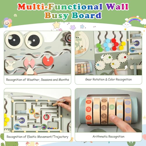 Panel de pared sensorial de cocodrilo y tablero de actividades de madera verde infantil 4