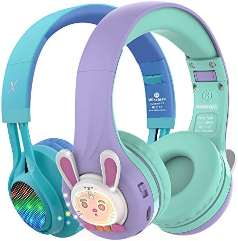 Riwbox WT-7S&RB-7S Kids Headphones Wireless, Bundle 2 Packs Foldable Stereo Bluetooth Headset with Mic and Volume Limited for PC/Laptop/Tablet/iPad (Blue&Purple)