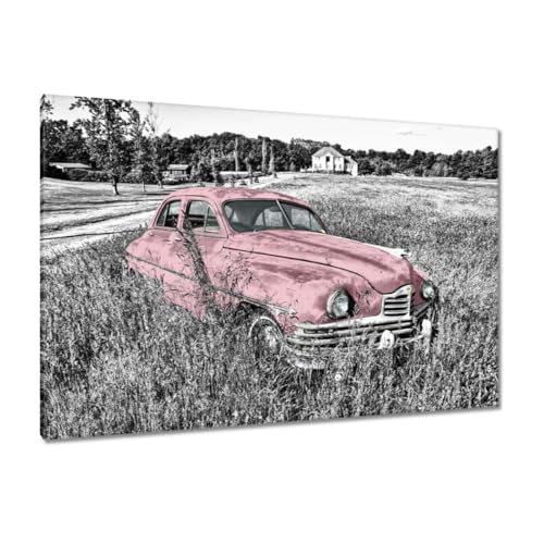 Tableau voiture vintage rose grand format 120 x 80 cm décoration
