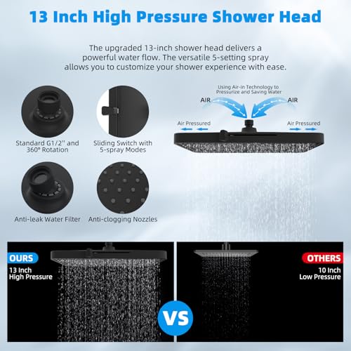 Hibbent-Upgraded-5-spray-13-Shower-Head-High-Pressure-Rainfall-Shower-Head-Dual-Showerhead-Combo-with-10-mode-Handheld-Spray-12-Adjustable-Extension-Arm-71-Hose-Shower-Holder-Matte-Black