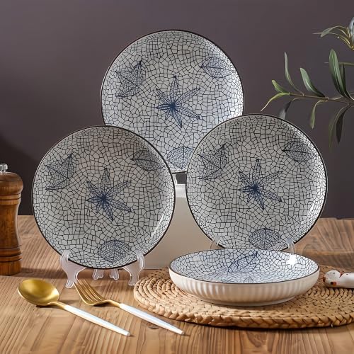 Image of Japanese Style 8-Inch Ceramic Round Dinner Plate - Microwave & Dishwasher Safe, 20.4x4.3cm Porcelain Dish for Seafood, Appetizers & Snacks, Autumn (4 Piece)