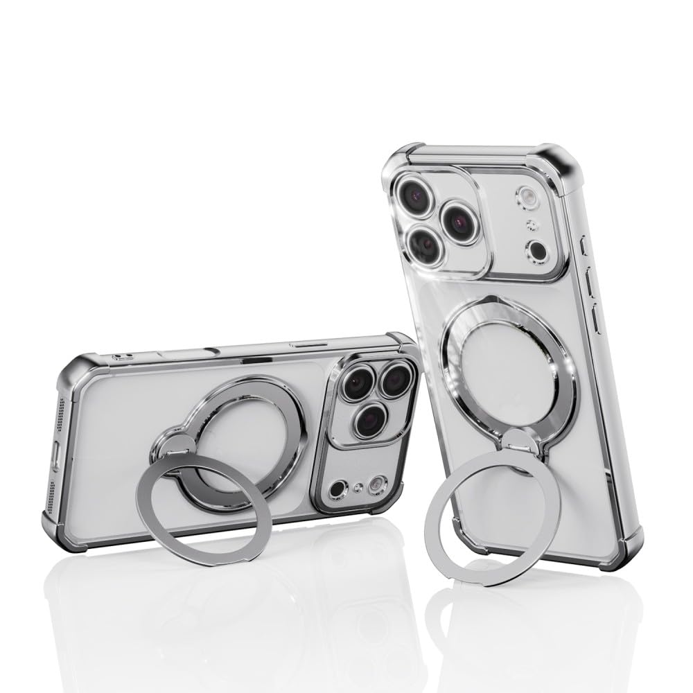 Generic Funda compatible con iPhone 16 (color: plateado) a prueba de golpes, soporte de anillo de metal, cubierta dura de silicona