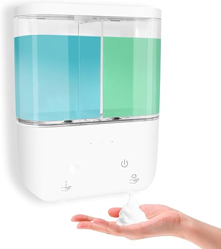 Dispensador automático doble de jabón y ducha de montaje en pared, dispensador de 2 cámaras IPX5 para baño sin taladro (blanco - líquido y espuma)