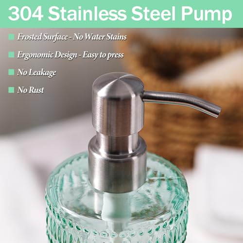 Image of 2 Packs 17 Oz Green Hand Soap Dispenser- Refillable Glass Soap Dispenser with Stainless Steel Pump for Kitchen and Bathroom - Elegant Floral Design for Bathroom Accessories
