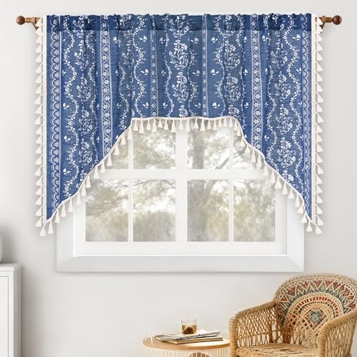 Image of Yinhua Boho Swag Valance Curtains Vintage Linen Valances for Windows Light Filtering Floral Kitchen Valance Rod Pocket Farmhouse Rustic Tassel Window Valances for Bathroom Cafe, 60 inch W x 36 inch L, Blue