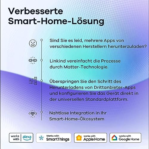 Linkind Matter Smart RGBTW Glühbirne, E27 Lampe Alexa, 45 Szenen & Musiksync, 16 Mio. Farben, Matter über 2.4GHz WiFi, A60 LED Birne kompatibel mit Apple Home/Siri/SmartThings/Google Home, 2 Stück