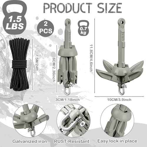 Image of Lounsweer 2 Pack 1.5 /3.5 lb Marine Kayak Anchor Kit Folding Grapnel Anchor Kit Boat Kayak Fishing Accessories for Small Boats Kayaks Canoe Paddle Boards