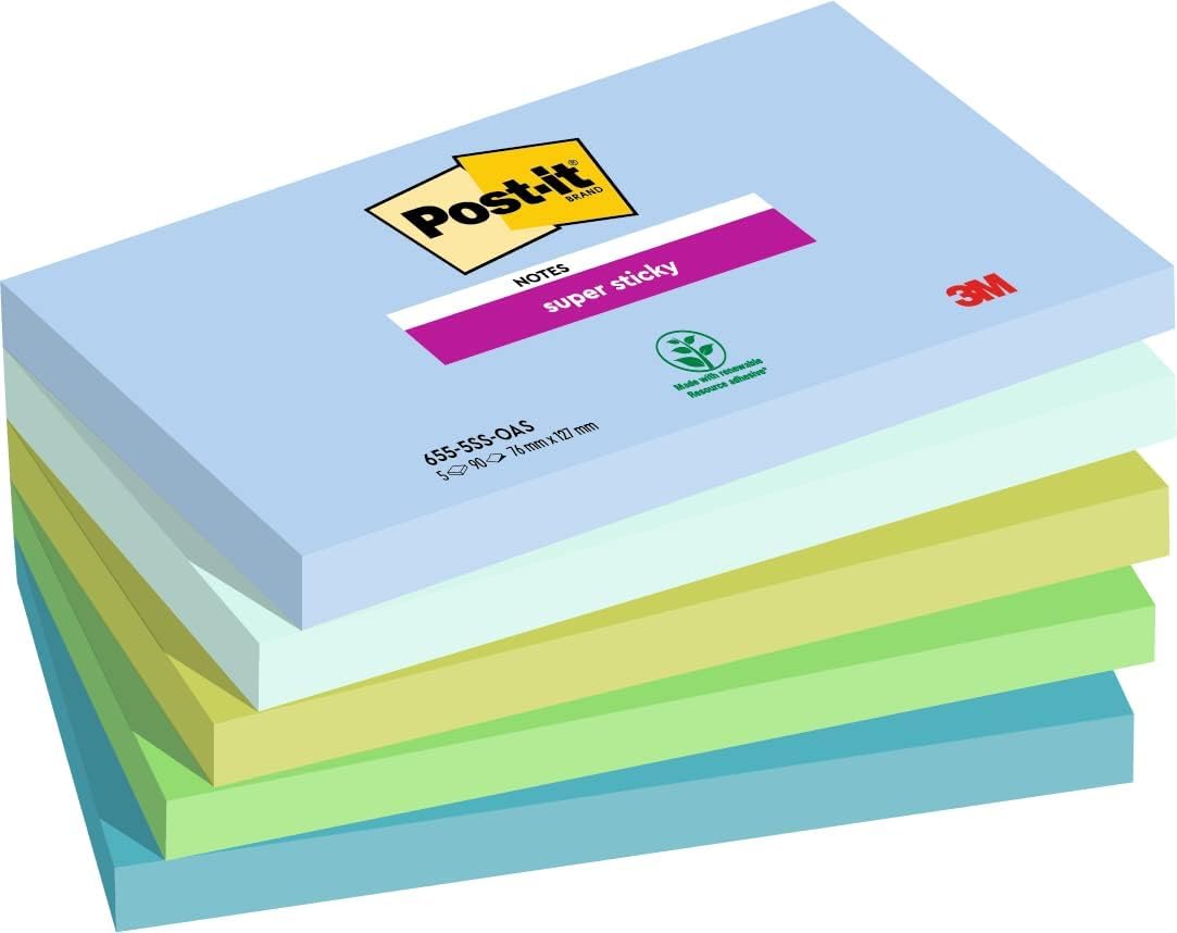 Post-it Super Sticky Notes Oasis Collection, Packung mit 5 Blöcken, 90 Blatt pro Block, 76 mm x 127 mm, Blau, Grün - Extra-stark klebende Notizzettel für Notizen, To-Do-Listen und Erinnerungen