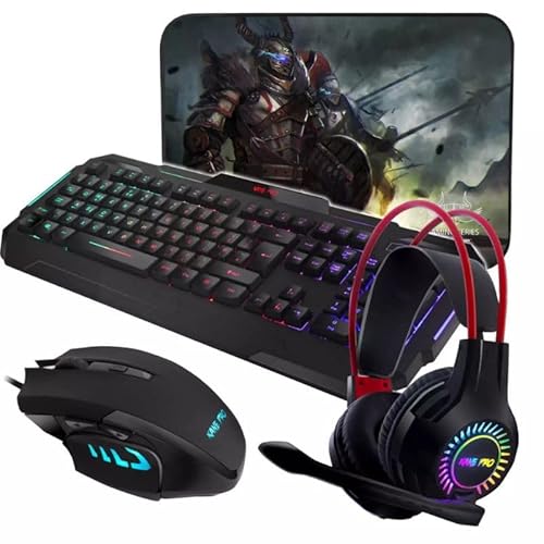 Creative Mind Gaming Keyboard and Mouse and Mouse pad and Gaming Headset, Wired LED RGB Backlight Bundle for PC Gamers Users - 4 in 1 Gift Box Edition Hornet (Pro4in1GamingCombo)