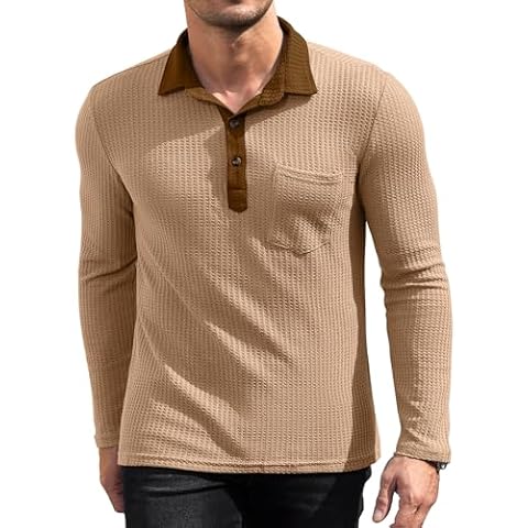 TURAND Men's Long Sleeve Knit Polo Shirt Casual Waffle Sweater Lightweight Polo Knitted Collared Sweater Khaki 2XL Cover