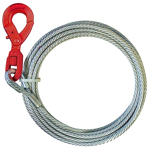 VULCAN Winch Cable - Self-Locking Swivel Hook - Galvanized Steel Core - 3/8 Inch x 75 Foot - 14,000 Lbs. Minimum Breaking Strength