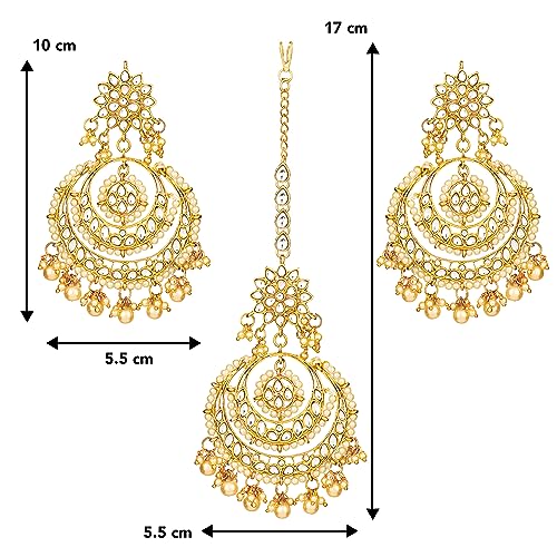 Image of Peora Traditional Jewellery Rhodium Kundan & Pearl Maang Tikka Earring Set for Women Girls
