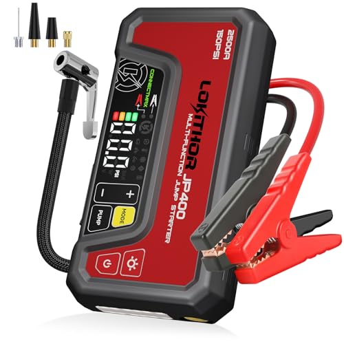 LOKITHOR JP400 Jump Starter with Air Compressor, 2500A 12V Portable Car Battery Booster Pack (8.5L Gas/6.5L Diesel) with ConnectMax Tech, 150PSI Tire Inflator, Auto-Shutoff & Dynamic Dwell (Red)