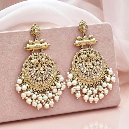 Image of Rubans Chandbali Earrings Kundan Pearl Beads Traditional Wedding Jewellery for Women & Girls