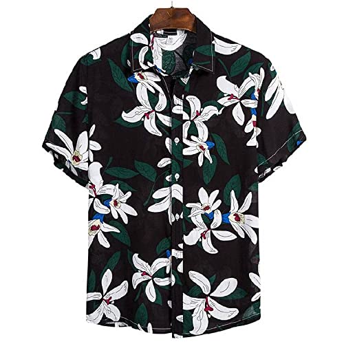 Chemise en lin hommes de plage imprimé tropical noir à manches courtes et boutons mode