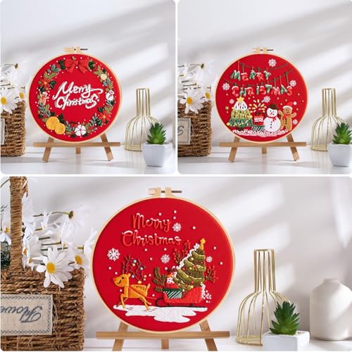 Image of Offizon 3 PCS Embroidery Kit for Beginners Stamped Christmas Red Pattern | Cross Stitch DIY Craft Set, Hoop Included, Santa Embroidery Accessories, Stitching Sewing Kit Gift for Adults
