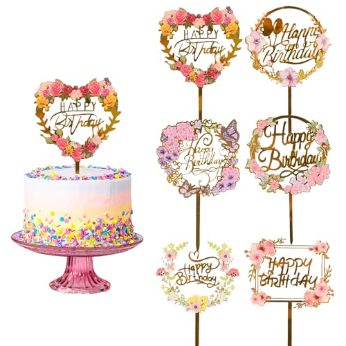 LOKIPA 6PCS Happy Birthday Cake Toppers, Flower Acrylic Cupcake Cake Toppers Gold Cake Topper for Birthday Party Anniversary Decorations