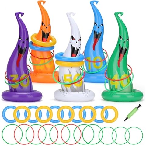 Narremcoy 26 PCS Halloween Inflatable Witch Hat Ring Toss Game - Flame Ghost Ring Toss Kit - Halloween Party Games for Indoor Outdoor Garden School Carnival Cover