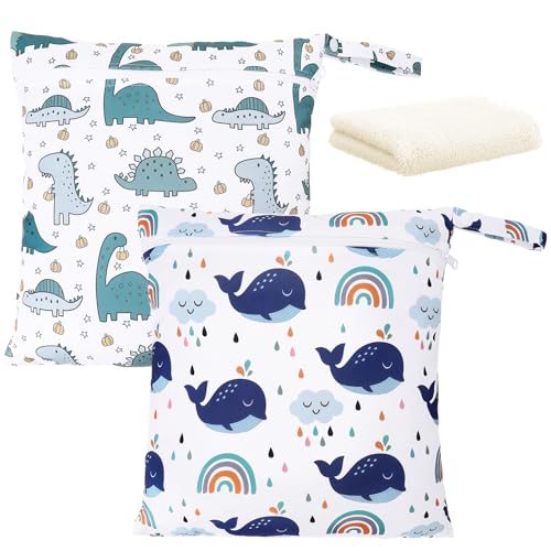 Kaisibum 2 Stück Wetbag Kindergarten wasserdichte Nasstasche Baby mit 1 Waschlappen Windeltasche für Unterwegs Wiederverwendbare Wet Bag mit Reißverschluss Whales Dinosaurs Pattern