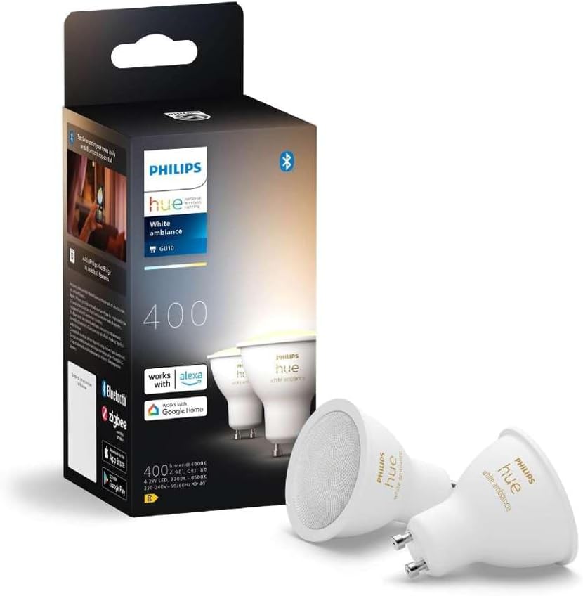 Philips Hue GU10 Smart Lamp, Adjustable Warm to Cool White Light, 2 Pack, Bluetooth Compatible, Voice Control with Alexa, Apple Home and Google Assistant