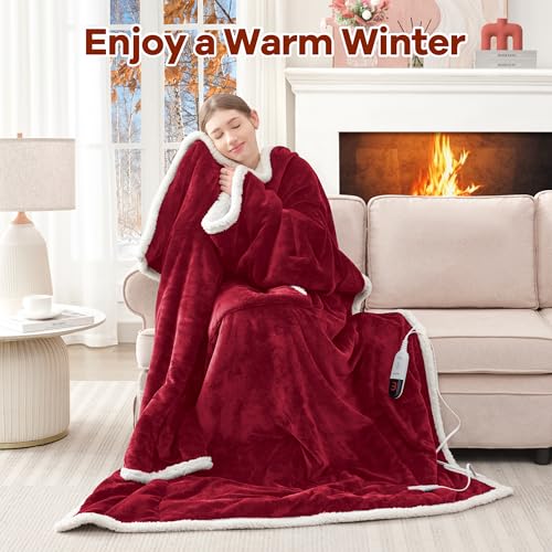 Heated Blanket Wearable Electric Blanket with Foot Pocket and Sleeves, Heating Throw Blanket, Electric Snuggle Blankets, 6 Heating Levels Setting & 4 Hours Auto Shut Off, Machine Washable (Long, Wine)