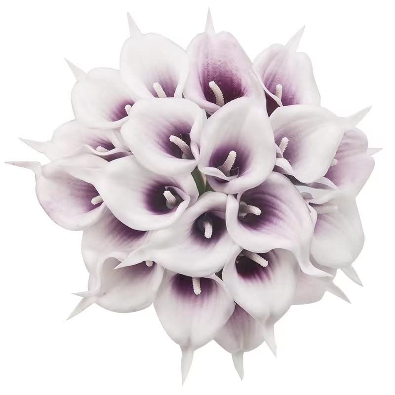 MASINIES Artificial Calla Lilies Fake Lilies Flowers Bouquet, Real Touch Calla Lily Flowers DIY Artificial Flowers for Wedding Flower Arrangement, Home Decor, Garden Party (White-purple)