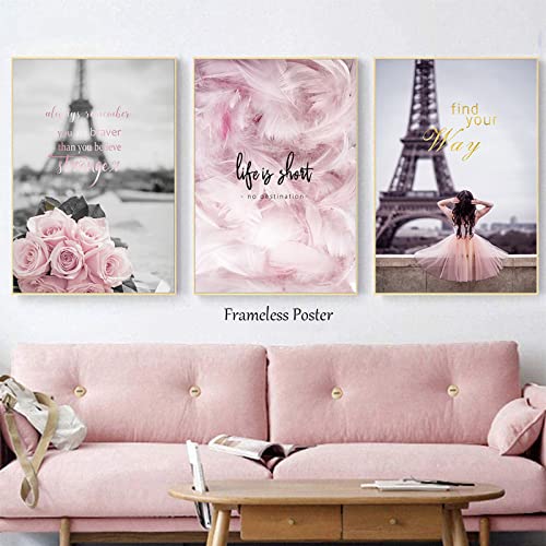 Eiffel Tower Canvas Print Life Is Short Wall Art You Are Braver Than You Believe Poster Pink Floral Pictures Wall Decor Scandinavian Love Wall Art Painting For Bedroom Decor 20X28Inchx3Pcs No Frame #TOP3