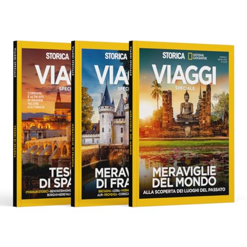 Pack storica speciale viaggi luoghi meravigliosi. Contiene 3 riviste: Viaggi Meravigli mondo, Meravigli Francia, Tesori España