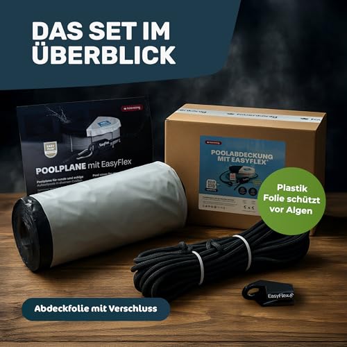 Folienkönig® Poolabdeckung mit EasyFlex-Verschluss® 5x5m | Abdeckfolie für Pool 366 cm ø320-420cm | Pool Plane Sommer & Winter | Poolfolie | Einfache Allein-Montage | garantiert 100% algenfrei