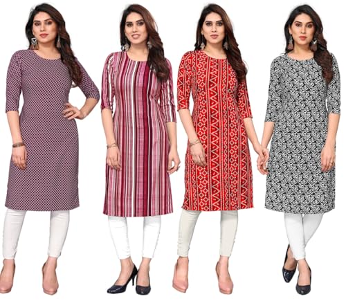 Image of JAKHANA Women's Crepe Printed Casual Straight Calf Length Round Nick Kurta Pack of 4