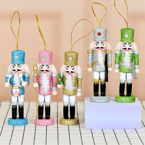 Easter Nutcracker Ornaments Set, Wooden Christmas Nutcracker Soldier Figures Decorative Collectible Nutcracker 5 Inch Mini Nutcracker Figurines Christmas Tree Hanging Decorations, 5pcs Mixed Bling