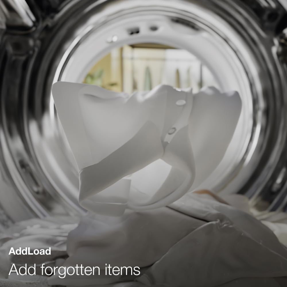 View inside the Miele W1 washing machine's drum with laundry, demonstrating the AddLoad feature for adding forgotten items.