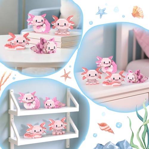 Image of HIGH GODO 4 Axolotl Party Favors Building Set, Mini Axolotl Toy Figurines, Goodie Bag Stuffers, Classroom Prize Box, Gifts for Adults Teens Age 14+