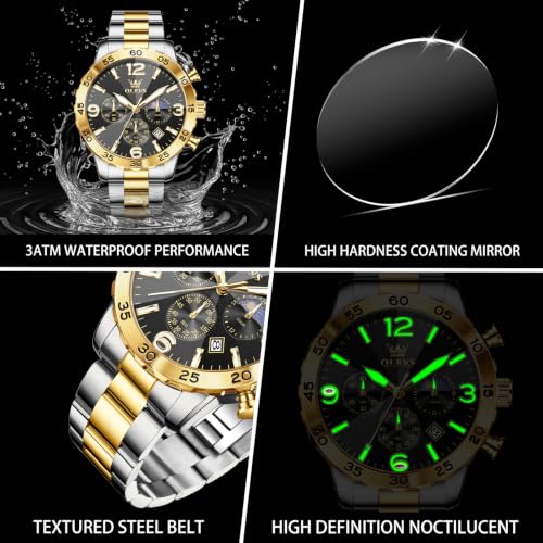 Image of OLEVS Men's Watches Luxury Chronograph Waterproof Dress Business Quartz Analog Stainless Steel Multifunction Fashion Watches with Date, Sun-noon Phase Big Dial 44mm, Luminous Hands Scales