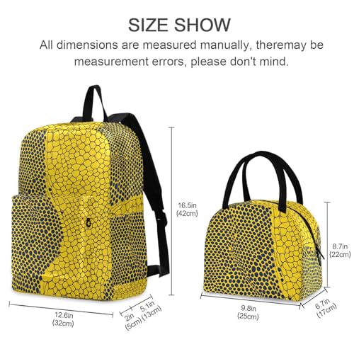 Backpack Lunch Box Set Large Capacity Travel Backpacks and Insulated Lunch Bag for Commute Hiking Picnic Yellow Snake Pattern Print2