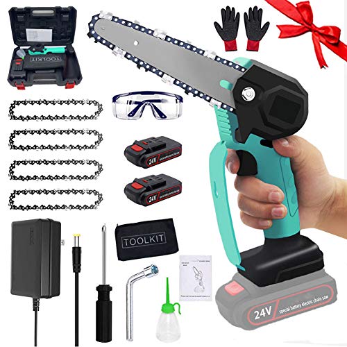 Mini motosierra de 6 pulgadas Sierra de cadena portátil eléctrica inalámbrica de mano con 4 cadenas y 2 pilas 0.85kg Ligero Tijeras de podar motosierra para corte de madera de rama de árbol,green