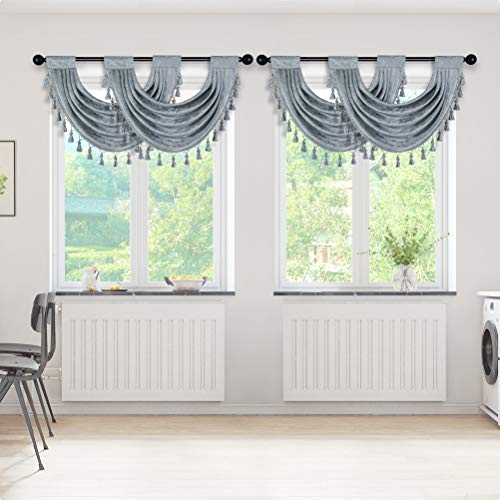 Elkca Thick Chenille Waterfall Swag Valances For Living Room Silver Grey Valance Curtains For Kitchen，Pack Of 4 (Silver Grey, 30"W X 22"L) #TOP1