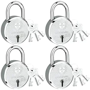Harrison Padlocks/Round Padlock 50mm 6 Lever with 3 Keys J-SUPREME-0656/ Mild Steel Material/Bright Chrome Polished Finish/Door Lock, Shutter Lock, Godown Lock, gate Lock (Pack of 4, 50MM)