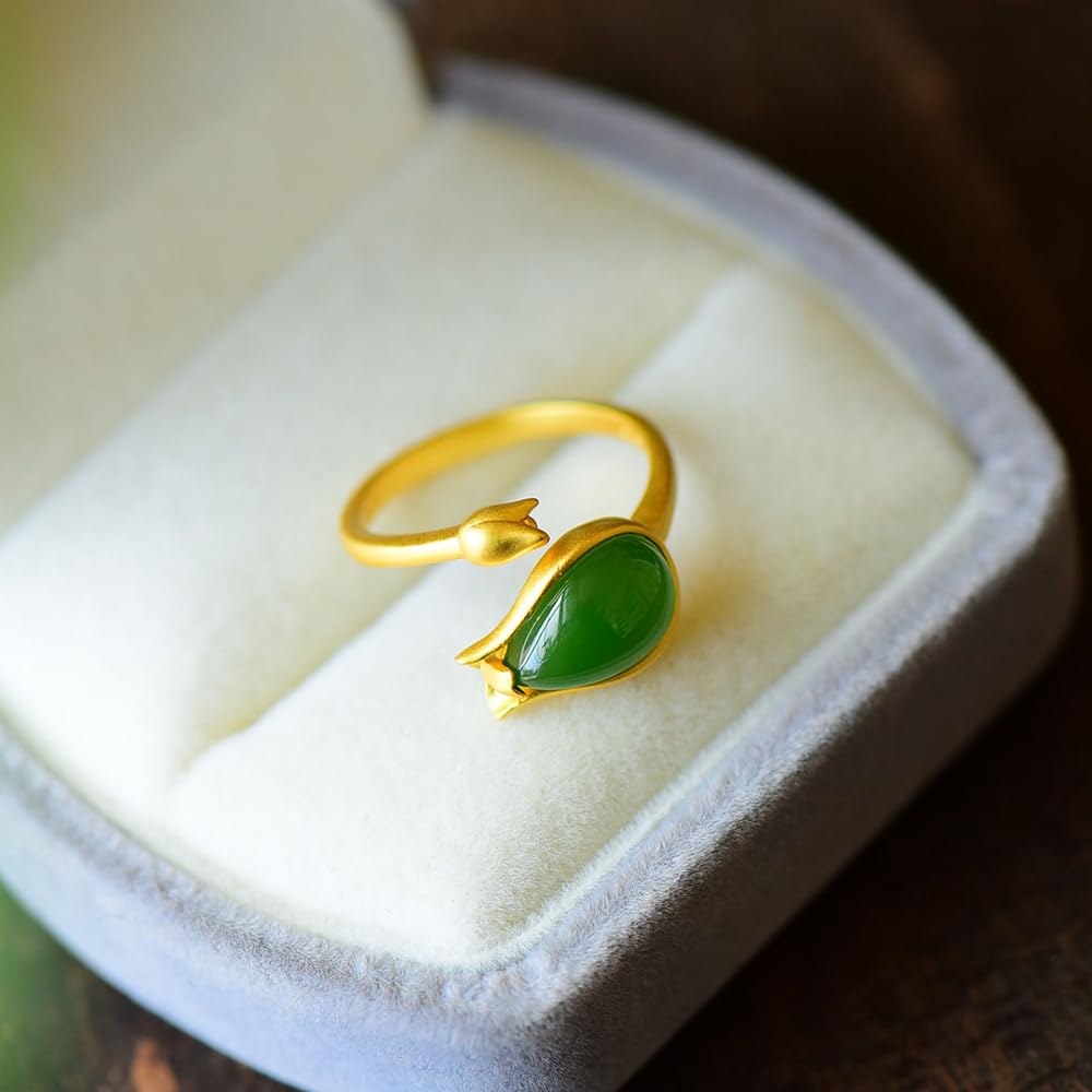 WBDWWTD Ring aus S925-Silber mit natürlicher jadegrüner Tulpe