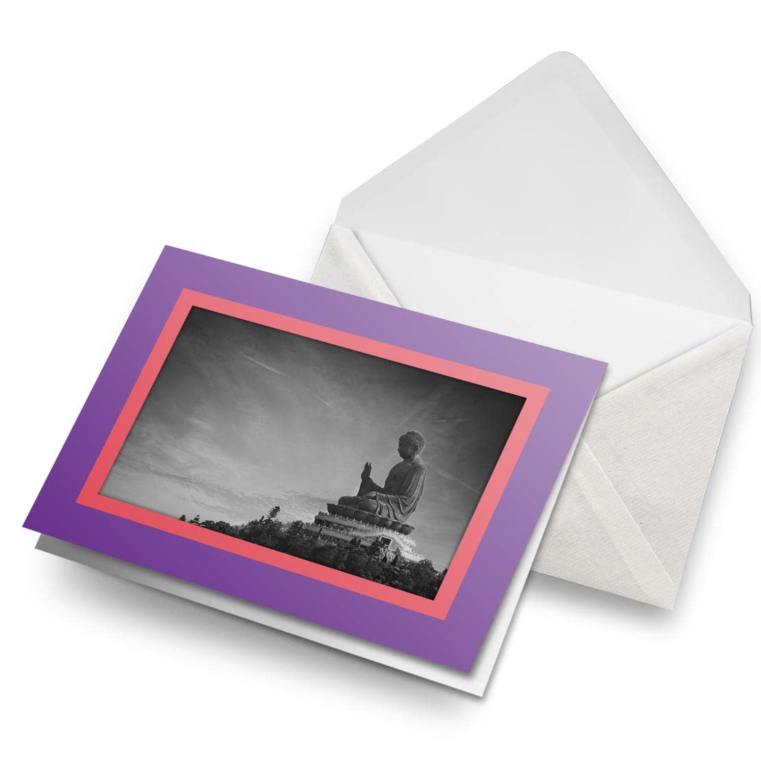 Greeting Card Purple & Coral (Photo Insert) - BW - Tian Tan Buddha Hong Kong - Blank Birthday Celebration Anniversary #35045