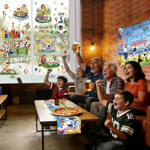 AhfuLife137 Stück 2026 WM Fensterbilder, 9 Blatt Weltmeisterschaft Fußball Aufkleber Selbstklebende Fensterdeko für Fußball Fans Deko Glasfenster Kühlschrank Laptop