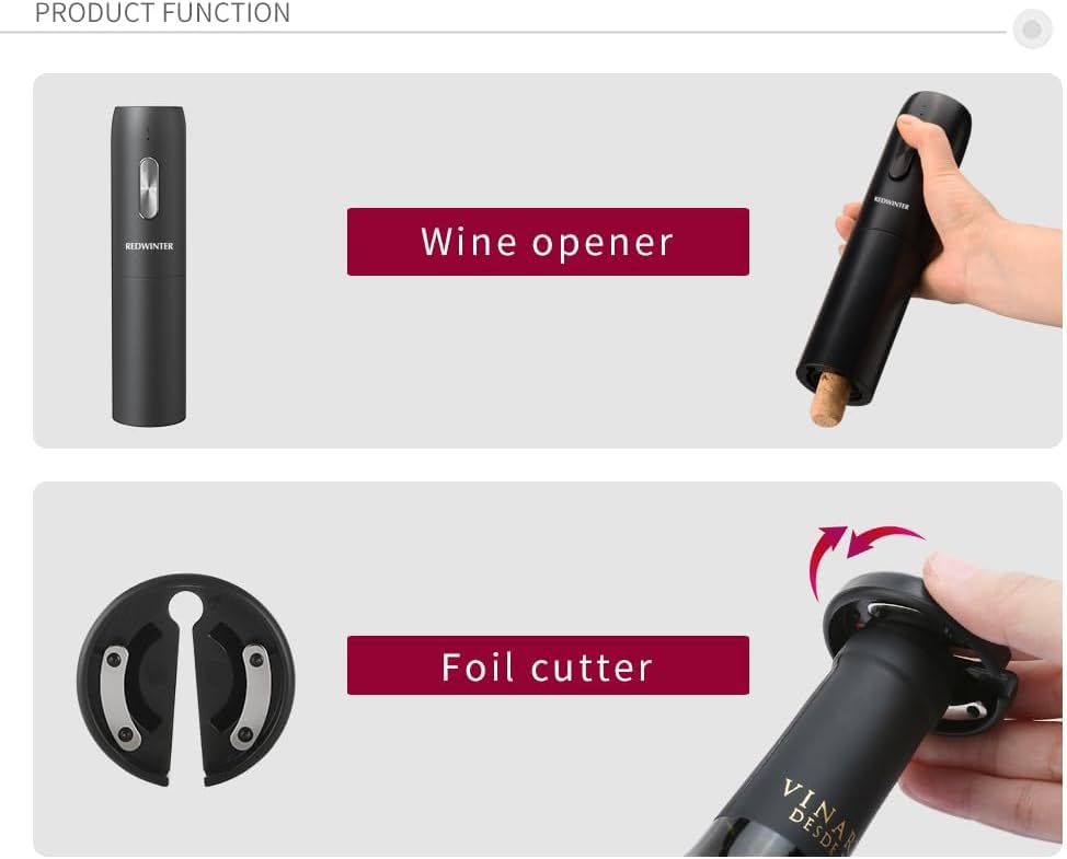 Redwinter 4in1 Electric wine bottle opener set with Automatic Bottle Opener,Foil Cutter,Automatic wine aerator,Electric vacuum pump bottle stopper,wine accessories,kitchen appliances,rechargeable