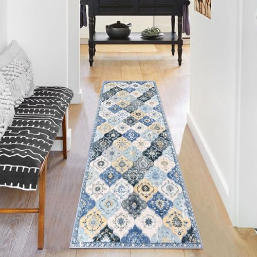 KILOCOCO 2x5 Runner Rug, Moroccan Super Soft Washable Hallway Entryway Runner Rug, Accent Print Faux Wool Kitchen Runner Rug 5 Feet Non-Slip Runners Boho Rug Runners for Bedroom, Blue/Yellow/Multi